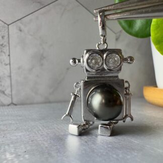 Certified Genuine Tahitian Black Pearl Robot Pendant with CZ eyes