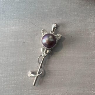 Cute Cat Pearl Pendant – Sterling Silver & Demon Purple Freshwater Pearl with CZ Accents