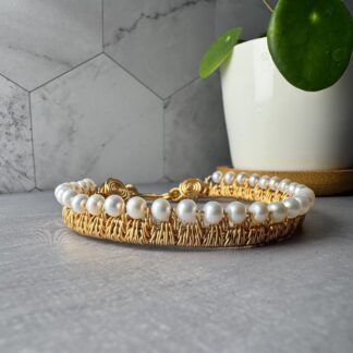 Intricately Woven High Luster Pearl Bracelet – 18k Gold Plated, Handmade with Fine Wire, 12+ Hour Build