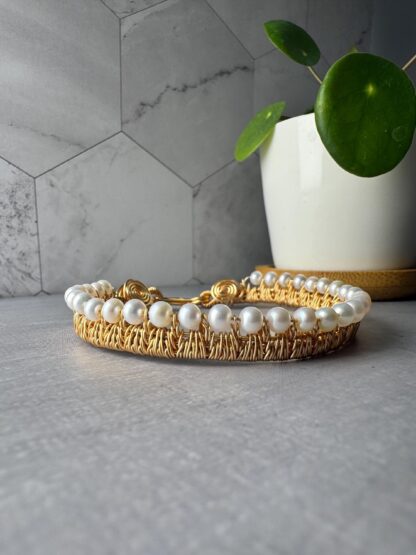Intricately Woven High Luster Pearl Bracelet – 18k Gold Plated, Handmade with Fine Wire, 12+ Hour Build
