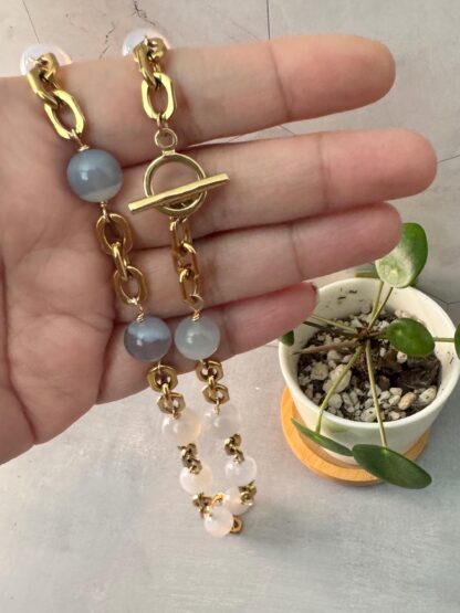 Blue Lace Agate Necklace – Stainless Steel 18K Gold PVD Chain Jewelry - Image 2