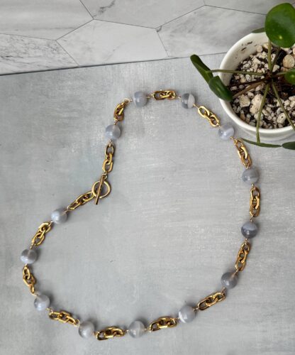 Blue Lace Agate Necklace – Stainless Steel 18K Gold PVD Chain Jewelry - Image 3