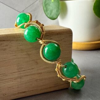 Wire Wrapped Jadeite Bracelet – 18K Gold Plated, Handcrafted Green Gemstone Statement Jewelry