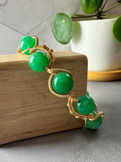 Wire Wrapped Jadeite Bracelet – 18K Gold Plated, Handcrafted Green Gemstone Statement Jewelry