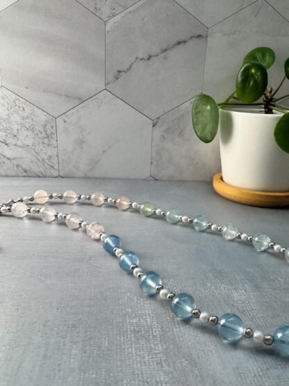 Gradient Natural Aquamarine Freshwater Pearl Necklace with Sterling Silver Beads & Heart Sliding Clasp(Adjustable 42 to 47cm) - Image 3