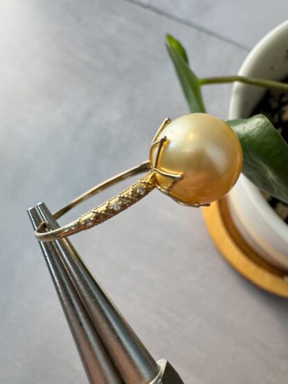 South Sea Golden Pearl Ring – 18K Solid Gold, Lotus Setting, Diamond Accents, Certified, Size US 7.5 - Image 2