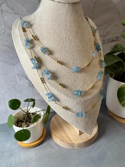 Three-Layer Aquamarine Chip Bead Necklace – 18K Gold PVD Stainless Steel Chain – Adjustable Summer Beachy Layered Necklace - Image 3