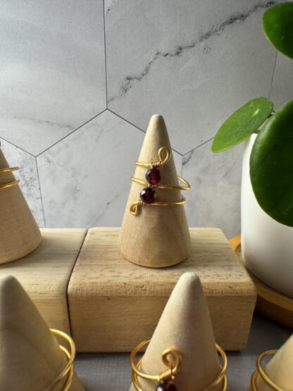 18K Gold Plated Spiral Wire-Wrapped Ring with Two Faceted Garnet Beads - Minimalist Jewelry - Image 2