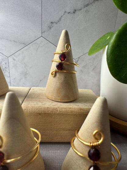 18K Gold Plated Spiral Wire-Wrapped Ring with Two Faceted Garnet Beads - Minimalist Jewelry - Image 3