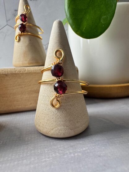 18K Gold Plated Spiral Wire-Wrapped Ring with Two Faceted Garnet Beads - Minimalist Jewelry