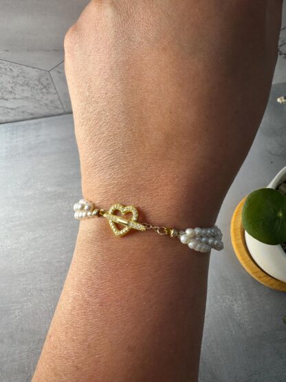 Petite Triple Strand Pearl Bracelet – Braided 3mm Pearls with Heart Toggle Clasp, 18K Gold Plated S925, Fits 15cm Wrist - Image 3