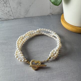 Petite Triple Strand Pearl Bracelet – Braided 3mm Pearls with Heart Toggle Clasp, 18K Gold Plated S925, Fits 15cm Wrist