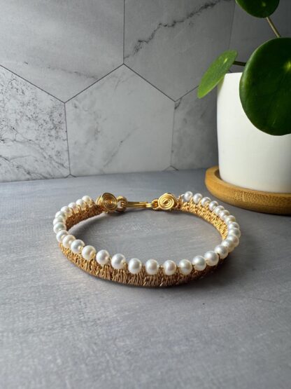 Intricately Woven High Luster Pearl Bracelet – 18k Gold Plated, Handmade with Fine Wire, 12+ Hour Build - Image 2
