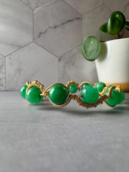 Wire Wrapped Jadeite Bracelet – 18K Gold Plated, Handcrafted Green Gemstone Statement Jewelry - Image 2