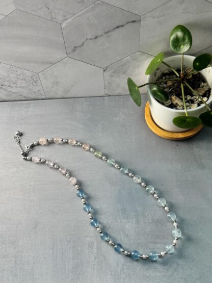 Gradient Natural Aquamarine Freshwater Pearl Necklace with Sterling Silver Beads & Heart Sliding Clasp(Adjustable 42 to 47cm) - Image 2