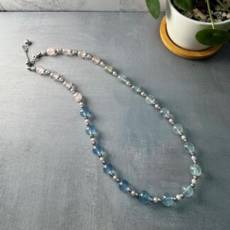 Gradient Natural Aquamarine Freshwater Pearl Necklace with Sterling Silver Beads & Heart Sliding Clasp(Adjustable 42 to 47cm)