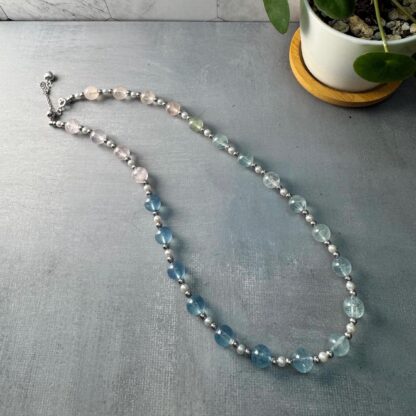 Gradient Natural Aquamarine Freshwater Pearl Necklace with Sterling Silver Beads & Heart Sliding Clasp(Adjustable 42 to 47cm)