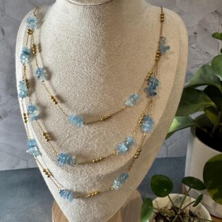 Three-Layer Aquamarine Chip Bead Necklace – 18K Gold PVD Stainless Steel Chain – Adjustable Summer Beachy Layered Necklace