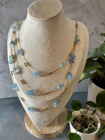 Three-Layer Aquamarine Chip Bead Necklace – 18K Gold PVD Stainless Steel Chain – Adjustable Summer Beachy Layered Necklace