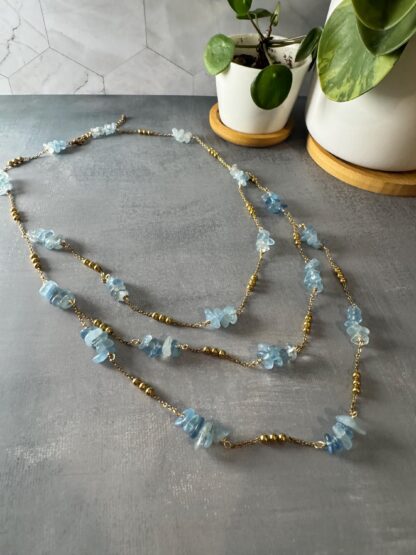 Three-Layer Aquamarine Chip Bead Necklace – 18K Gold PVD Stainless Steel Chain – Adjustable Summer Beachy Layered Necklace - Image 2