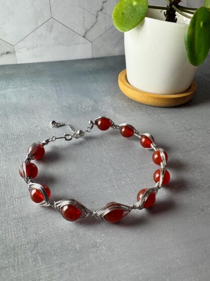 Carnelian Wire-Wrapped Bracelet | Rhodium-Plated S925 Sterling Silver | Adjustable Handmade Jewelry - Image 3