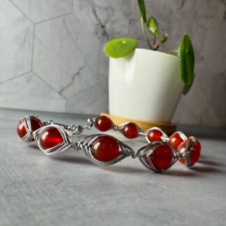 Carnelian Wire-Wrapped Bracelet | Rhodium-Plated S925 Sterling Silver | Adjustable Handmade Jewelry