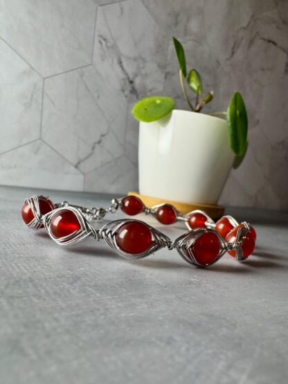 Carnelian Wire-Wrapped Bracelet | Rhodium-Plated S925 Sterling Silver | Adjustable Handmade Jewelry