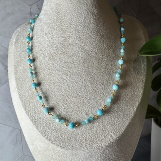 Amazonite Linked Necklace – 6mm Faceted & 4mm Round Amazonite, Gold Plated Wire Wrapped Chain (18” + 5cm Extension)