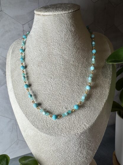 Amazonite Linked Necklace – 6mm Faceted & 4mm Round Amazonite, Gold Plated Wire Wrapped Chain (18” + 5cm Extension)