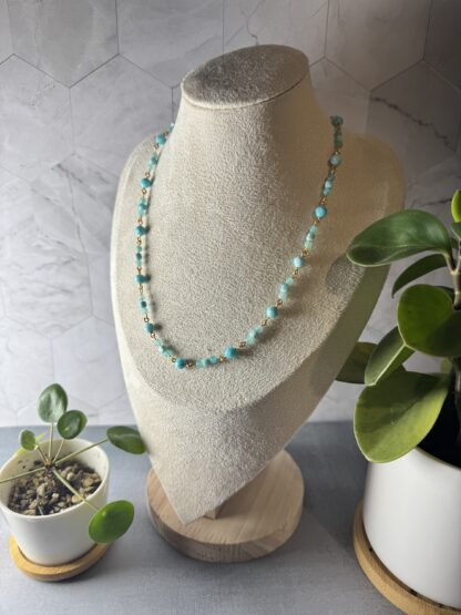 Amazonite Linked Necklace – 6mm Faceted & 4mm Round Amazonite, Gold Plated Wire Wrapped Chain (18” + 5cm Extension) - Image 3