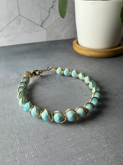 Amazonite Wire-Wrapped Bracelet in Gold | Handmade Beaded Jewelry - Image 3