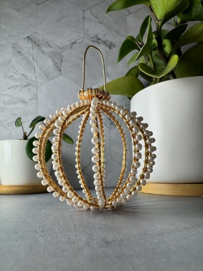 Gold Plated Wire Wrapped Ornament • Crystal Pearl Sphere • Limited Edition • Luxury Holiday Decor • Hand-Woven Ornament